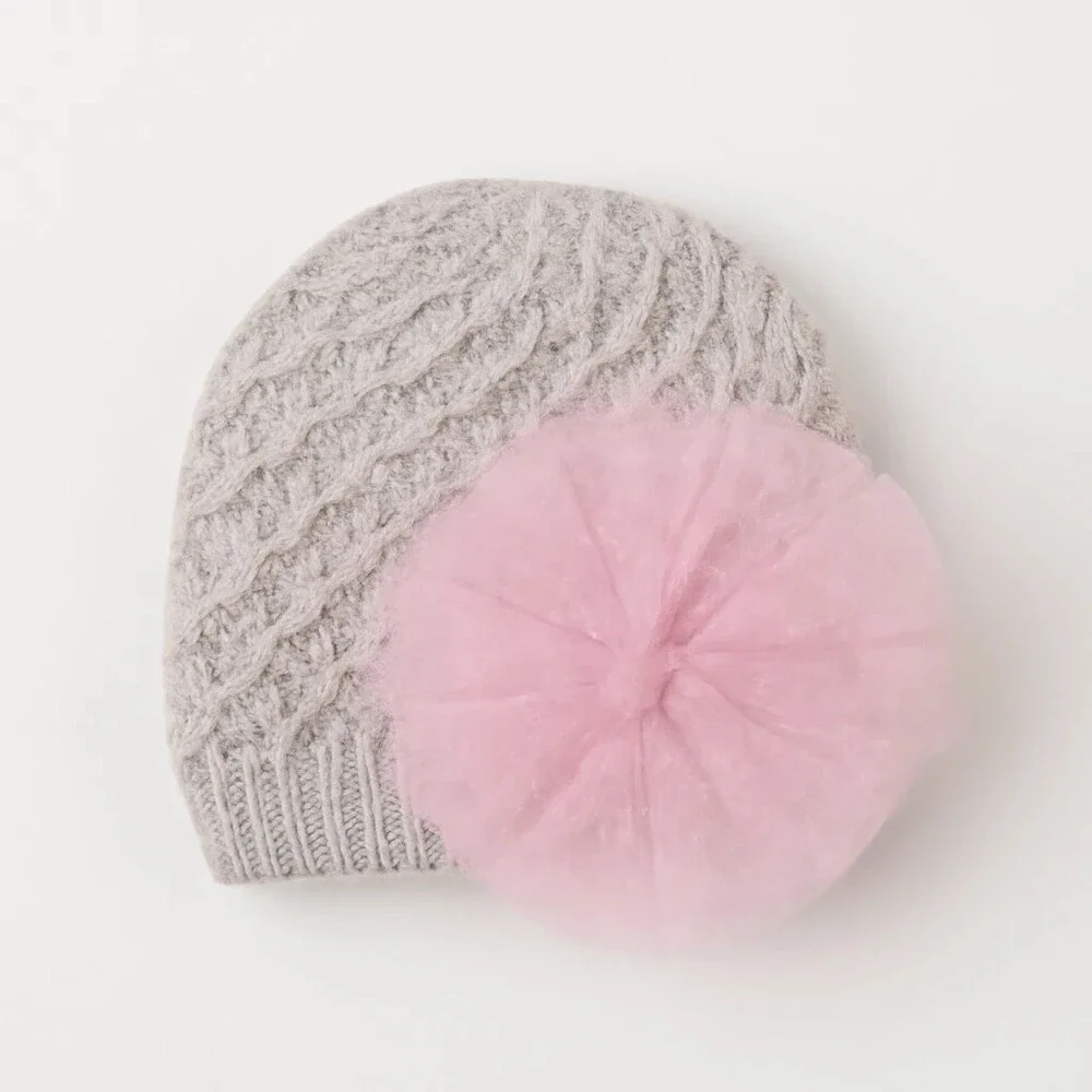 Koala Kids 2-Piece Set Girls M Pink Tulle Poof Detail Beanie & Gloves RED510